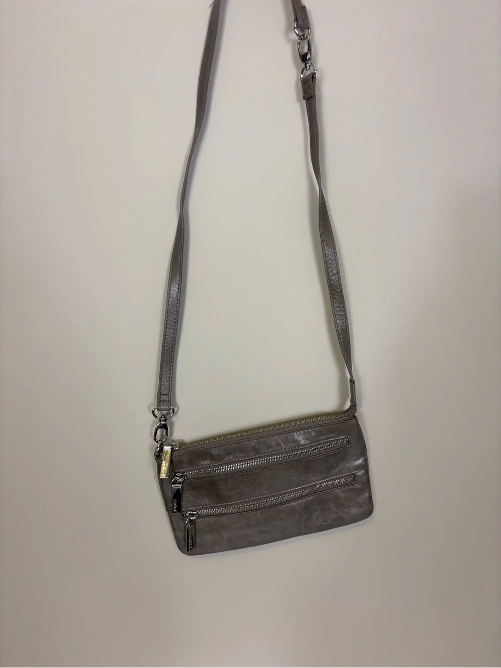 HOBO Gray Leather Crossbody & Shoulder Purse with Dual Zip Pockets on front